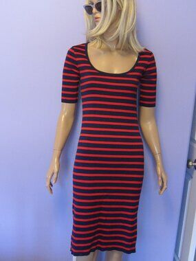 RALPH LAUREN BLACK LABEL Mariner Stripe Navy Red BODYCON Scoop Neck Midi Dress